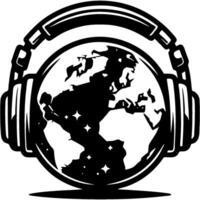 Planet earth with radio DJ wireless headphones on in monochrome. Simple minimalistic image in black ink drawing on white background vector