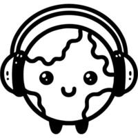 Toy planet earth DJ radio host in headphones in monochrome. Simple minimalistic image in black ink drawing on white background vector