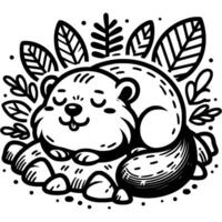 Beaver sleeps on a bed of dry leaves and branches in monochrome. Simple minimalistic image in black ink drawing on white background vector