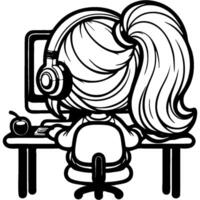 Girl gamer in headphones sits at computer desk playing game, view from back in monochrome. Simple minimalistic image in black ink drawing on white background vector