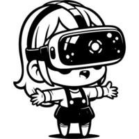Girl child put on virtual reality glasses and spread her arms out to side in admiration in monochrome. Simple minimalistic image in black ink drawing on white background vector