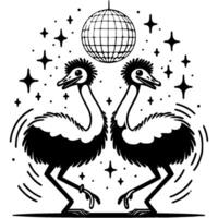 Pair of Australian emus dance on dance floor under a disco ball in monochrome. Simple minimalistic image in black ink drawing on white background vector