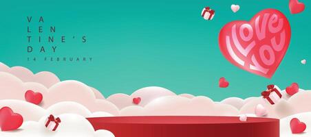 Valentines day sale promotion banner background with product display cylindrical shape and Heart Shape Balloon on sky vector