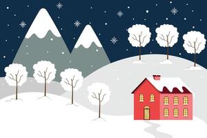 Warm House Surrounded By Snow Trees And Mountains In Winter Christmas vector