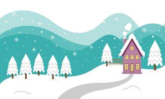 Snowy House And Residence Surrounded By Pine Trees In Winter Christmas Season vector