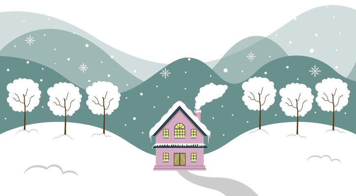 Snowy House Or Cabin Surrounded Pine Trees In Winter Christmas
