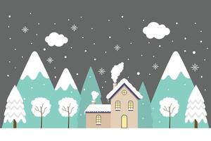 Snowy House With Mountain And Trees Background In Winter Christmas vector
