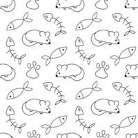 Seamless pattern with Cute mouse, fish and fish bone, paw. Outline, Doodle, Line Art. Animal Background. Flat illustration. vector