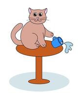 Problem with cat behavior. Kitten pushes cup off the table. Cute hand drawn flat illustration. vector