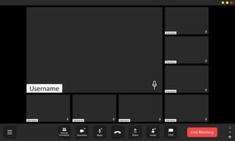 Virtual meeting platform interface showing multiple empty participant slots and a prominent username label in a dark theme vector