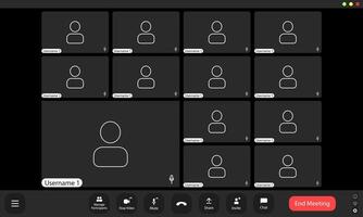 A virtual meeting with participants in blacked-out screens, creating an abstract digital gathering space during an online conference vector