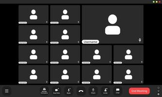 A virtual meeting setup with multiple participants showcasing blank user icons against a dark background vector