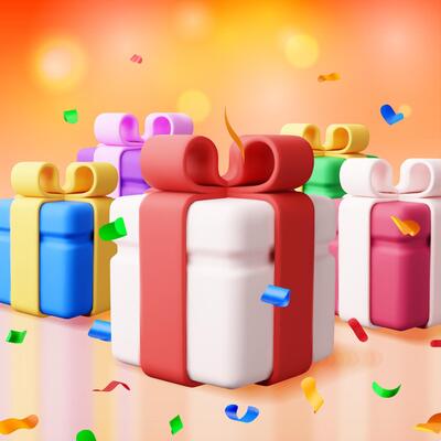 3D gift box with falling confetti. Render present box surprise. Christmas, new year sale, shopping. Present box with bows ribbons
