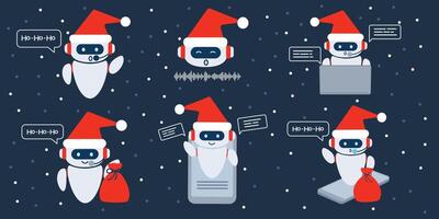 Set of Robot chatbot wishes Happy New Year and Christmas. Technology and AI content generator. Customer care. vector