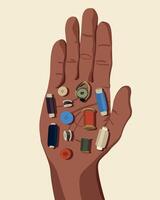 A hand displays a compact sewing kit featuring different colored threads and buttons vector