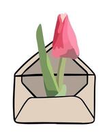 A pink tulip is emerging from an envelope, representing a heartfelt message in spring vector