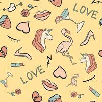 The design showcases whimsical icons like unicorns and hearts against a bright yellow background vector
