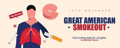 17th November American smoke out celebration banner with pair of lungs, men smoking cigarette vector