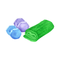 Watercolor illustration of a towel and dumbbells. The drawing is done by hand. Elements on a transparent background. Image of objects for stickers, scrapbooking, posters, prints png