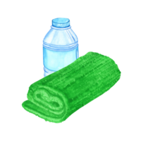 Watercolor illustration of a towel and a water bottle. The drawing is done by hand. The elements are presented on a transparent background. Image of objects for stickers, scrapbooking, posters, prints png