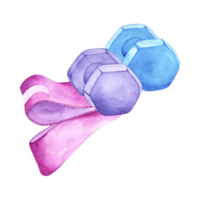 Watercolor illustration of dumbbells and elastic band. The drawing is done by hand. Elements on a transparent background. Image of objects for stickers, scrapbooking, posters, prints png