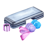 Watercolor illustration of aerobic step, dumbbells, weights and band. The drawing is done by hand. Elements on a transparent background. Image of objects for stickers, scrapbooking, posters, prints png