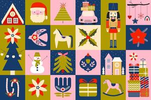 Modern vintage Christmas seamless background. Festive Christmas and New year icons. Retro pattern, banner, backdrop, wrapping paper. . vector