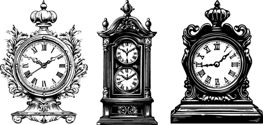 Vintage illustration set of antique clocks. Engraved sketch in victorian style.