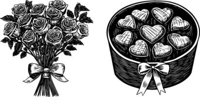 Vintage set of a rose bouquet, heart shaped chocolates, and candy box. Hand drawn sketch in black and white. vector