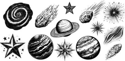 Vintage illustration set of star, planet, comet, and galaxy elements and asteroid in black and white. vector