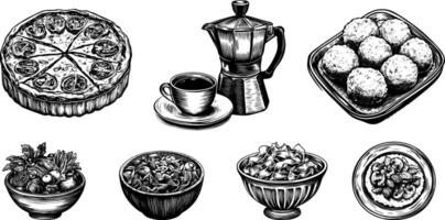 Vintage illustration of pasta and coffee, featuring Italian spaghetti on a plate. Sketch includes a menu design with food items like salad, meat, and cheese. vector