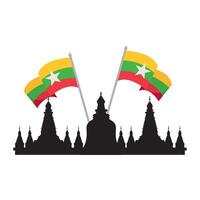 myanmar bagan temple and flags illustration vector