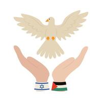 palestine and israel flags in hands with dove design vector