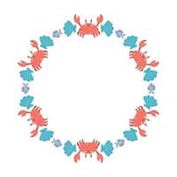 Round frame with crabs and shells. Red crabs and white background. For postcards and posters. illustration. vector