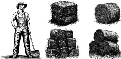 Vintage Illustration of a Happy Farmer with a Pitchfork. Sketch of a Rural Worker Surrounded by Hay Bales and Haystack. vector