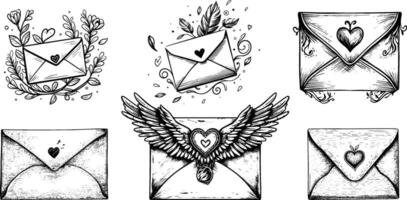 sketch of a vintage mail icon with an floral envelope, wings and heart. vector