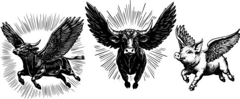 Vintage Illustration of a Cow and Pig with Wings. Funny Flying Cattle Sketch Ideal for Farm Themes. vector