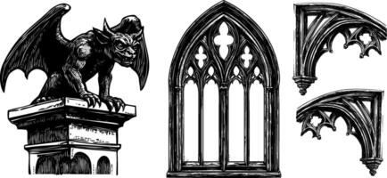 Vintage Gothic Gargoyle and Ornate Arch Window Set. Medieval Notre Dame Architecture. vector