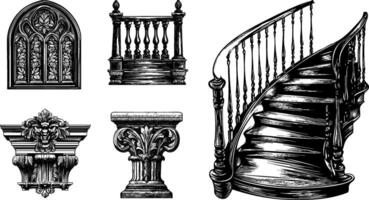 Vintage Spiral Staircase and Balustrade Set. Sketch of Classic Ionic and Corinthian Columns, Archways, and Gothic Pediments. vector