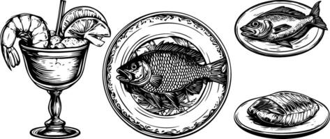 illustration of shrimp cocktail and fish on a plate. Vintage sketch of steak and salmon fillet. vector