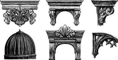 Classic Border and Ornament Set. Decorative Frieze, Dome, and Cornice Elements with Baroque and Gothic. vector