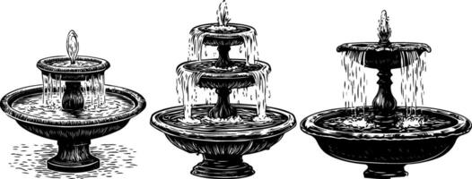 Vintage illustration set of an antique fountain. This sketch captures the intricate architecture and ornamental design of the fountain. vector
