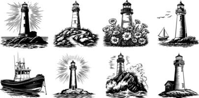 Vintage sketch Set of a lighthouse with clouds at the beach. Black and white illustration Pack. vector