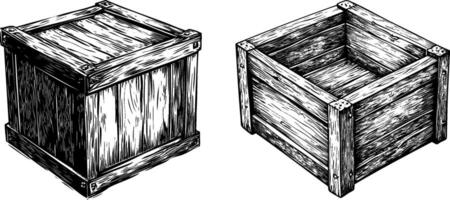 sketch of a wooden box crate. Vintage line art illustration of an empty hand drawn case. vector