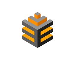 Cube logo, geometric design. Box logotype company, trendy tech emblem in pixel style. vector