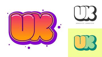 UX logo design for festival or party. Initial letter u and x in graffiti style. Creative modern lettering company name of font typography. Kids trendy logotype or identity. vector