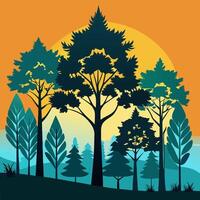 A forest with trees and sun in the background vector