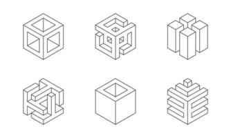 Black and white Cube logo, geometric design. Set box logotype company, trendy techno emblem in isometric 3D style. vector