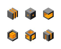 Cube logo, geometric design. Box logotype company, trendy tech emblem in pixel style. vector
