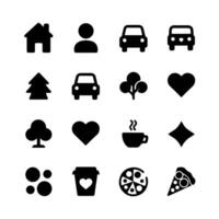icons set of various objects, including a car, heart, pizza, and a tree vector